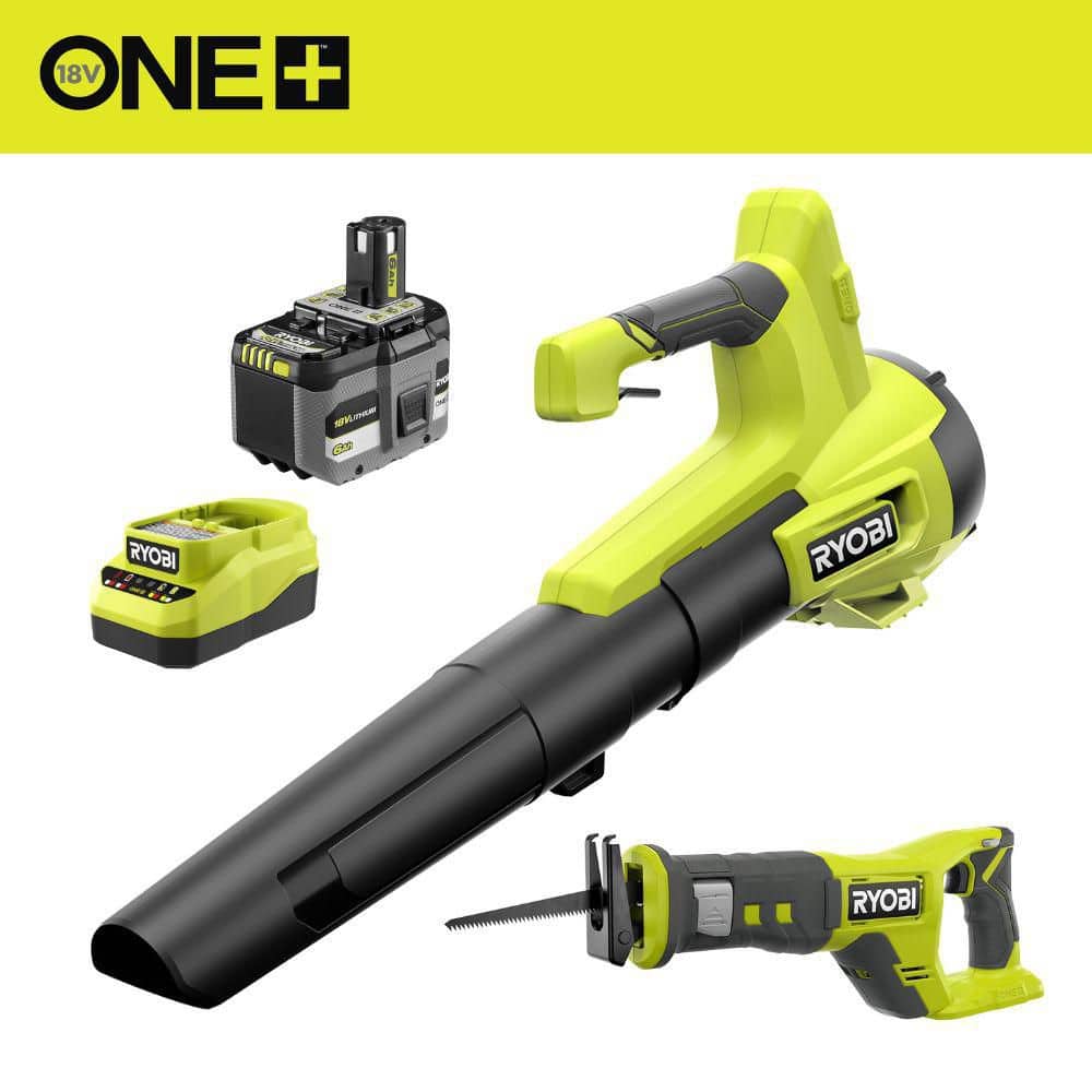 RYOBI ONE+ 18V 100 MPH 350 CFM Cordless Battery Leaf Blower with 6.0 Ah Battery, Charger, and FREE ONE+ Reciprocating Saw (PCLLB01KSB-PC)