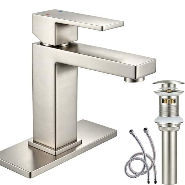Basin Faucet Single Handle Single Hole Bathroom Faucet Splash-Free with Pop-Up Drain Set in Brushed Nickel