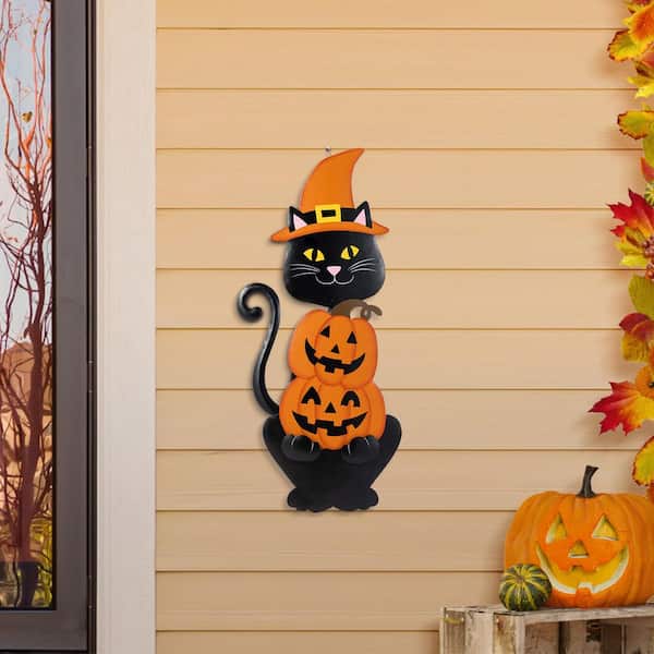 Glitzhome 36 in. H Halloween Metal Black Cat with Spring