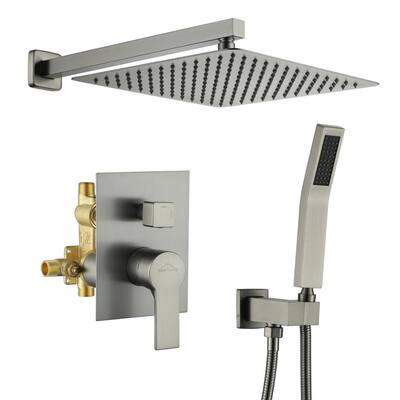 1-Spray Patterns with 2.66 GPM 12 in. Wall Mount Dual Shower Heads with Rough-In Valve Body and Trim in Brushed Nickel