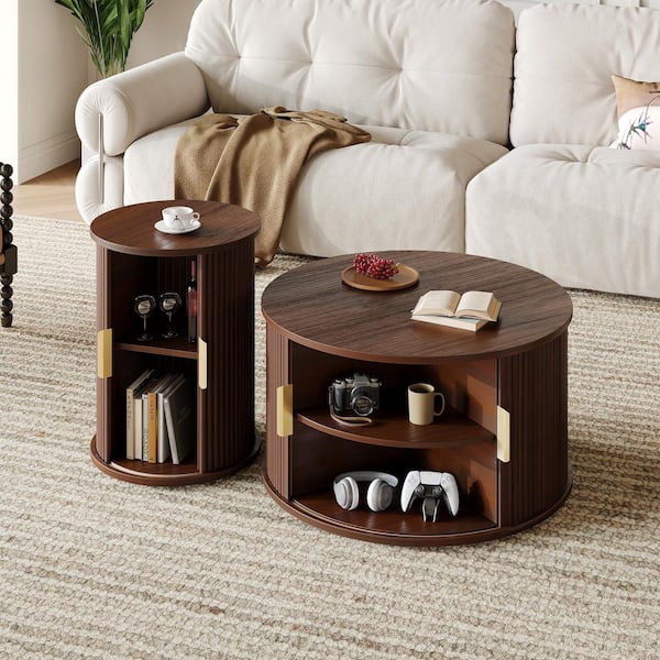 31.4 in. Walnut Round MDF Coffee Table Set with Sliding Tambour Door, Tall and Low Side Table (Set of 2)