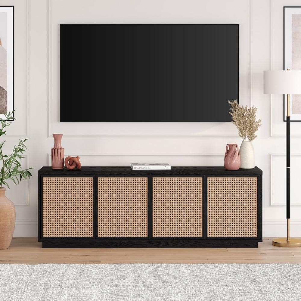 Black Grain Faux Rattan 78" TV Stand with Cabinets