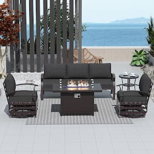 5-Seat Aluminum Patio Conversation Set with armrest, Firepit Table, Swivel Rocking Chairs and Black Cushions