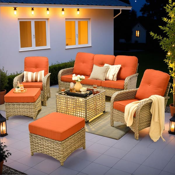 Eliza 6-Piece Outdoor Wicker Conversation Sofa Seating Set for Patio, with Ottoman,Orange Red Cushions and Coffee Table