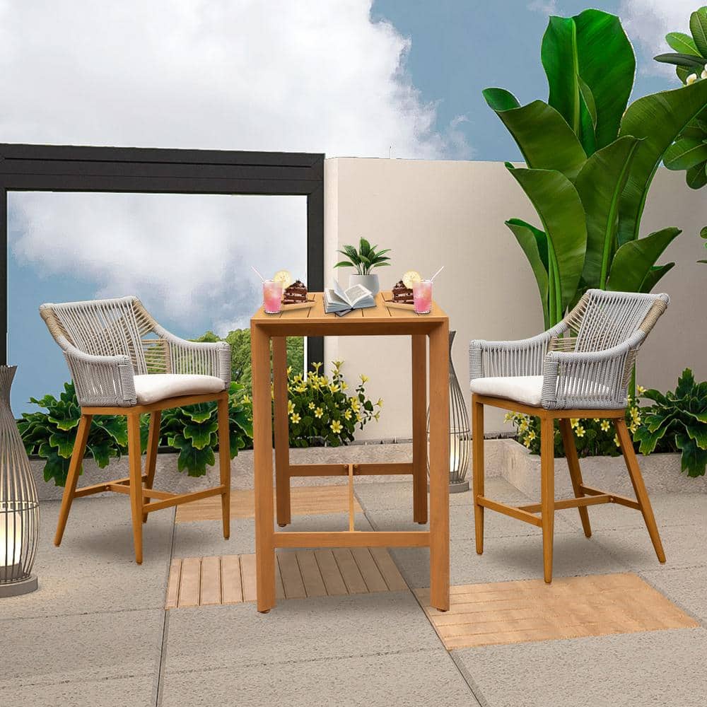 3-Piece Rectangular Aluminum Outdoor Bar Set with Cushioned Stools and Teak Finish Tabletop