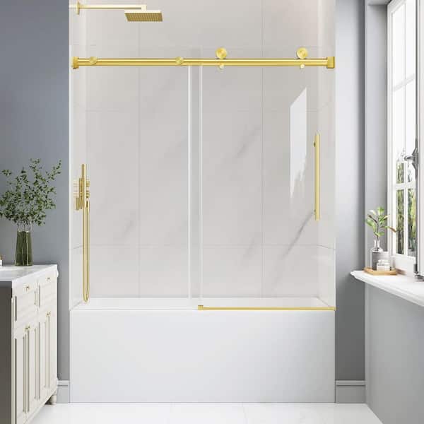 55-60 in. W x 60 in. H Sliding Frameless Tub Door in Brushed Gold with 1/4 in. Clear Glass