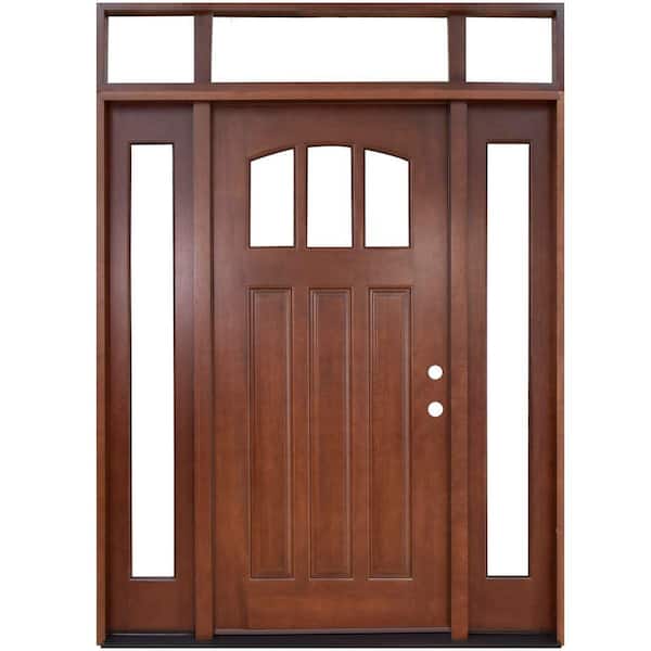 Steves & Sons 64 in. x 80 in. Craftsman 3 Lite Arch Stained Mahogany Wood Prehung Front Door with Sidelites and Transom