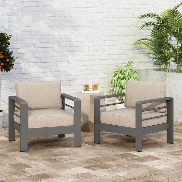 CHRISTOPHER KNIGHT HOME Miller Grey Aluminum Outdoor Lounge Chair with Beige Cushions (2-Pack)