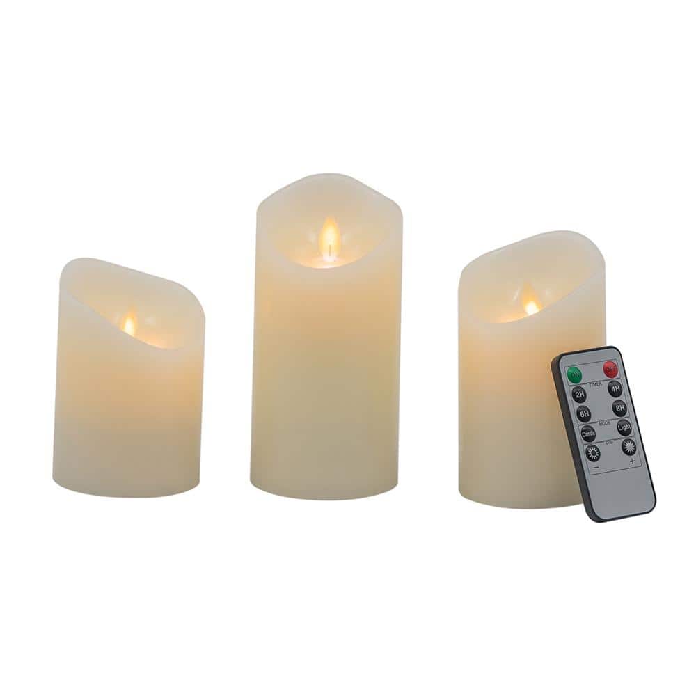 Ivory Classic Set of 3 Flickering LED Candles with Remote Timer-D3X6 in. , 