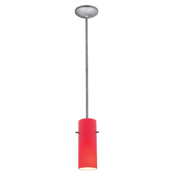 Access Lighting Cylinder 1-Light Brushed Steel Metal Pendant with Red Glass Shade