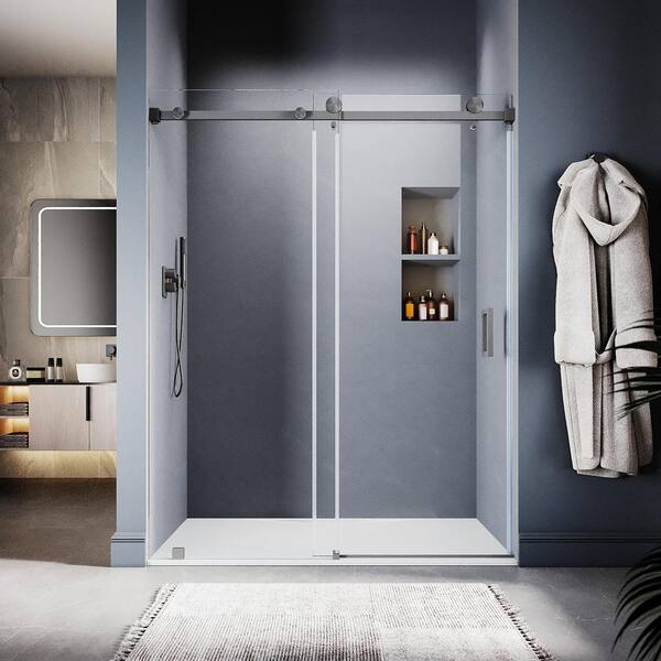 UNIKOO UKS05 56 to 60 in. W x 80 in. H Sliding Frameless Shower Door in Space Gray, EnduroShield 3/8 in. SGCC Clear Glass