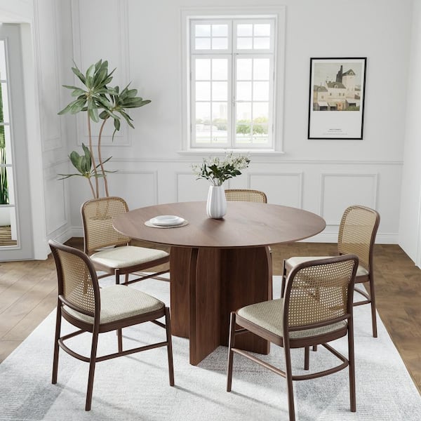 Dovelina Flora Modern Walnut Round Oak Wood Top 45 in. Cross Leg Dining Table Seats 4