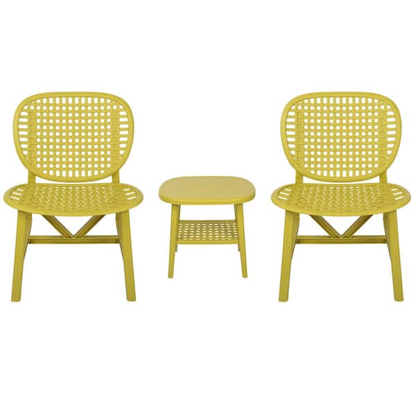 Otryad 3-Piece Wicker Outdoor Patio Conversation Set, Table with Open Shelf and Lounge Chair Set for Balcony Garden Yard-Yellow