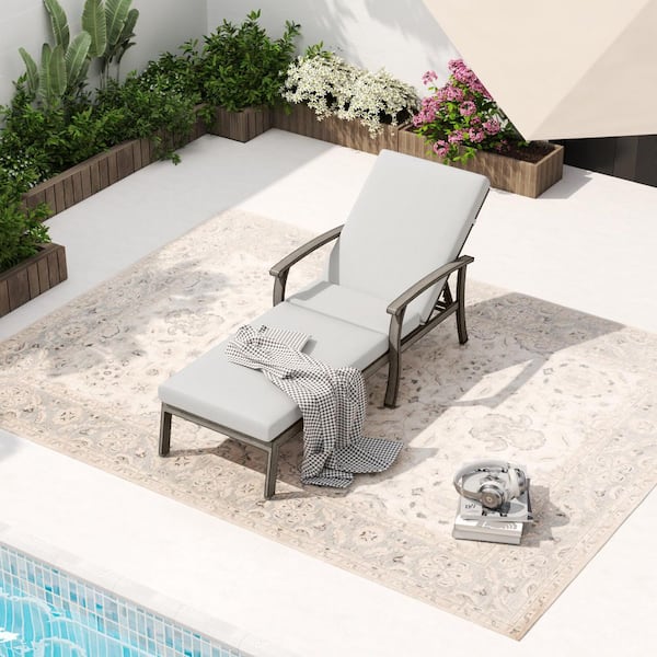 Dark Gray Aluminum Adjustable Backrest Outdoor Chaise Lounge with Gray Cushions