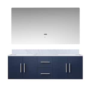 Geneva 60 in. W x 22 in. D Navy Blue Double Bath Vanity, Carrara Marble Top and 60 in. LED Mirror