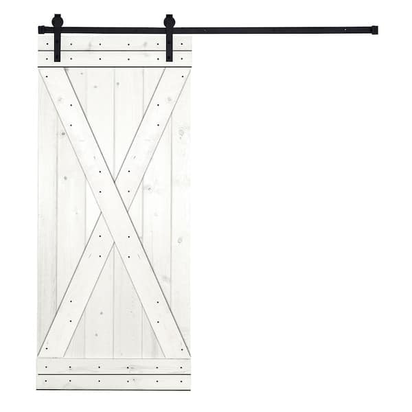 X-Bar Serie 36 in. x 84 in. Simply White Knotty Pine Wood DIY Sliding Barn Door with Hardware Kit