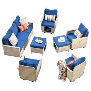 Echo Beige 7-Piece Wicker Multi-Functional Pet Friendly Outdoor Patio Conversation Sofa Set with Navy Blue Cushions