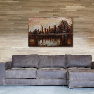 32 in. x 48 in. "Bridgescape" Mixed Media Iron Hand Painted Dimensional Wall Art