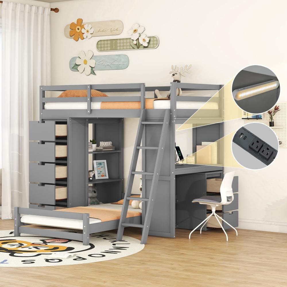 Gray Twin over Twin Bunk Bed with LED Light and USB Ports price history on PriceWatchPro