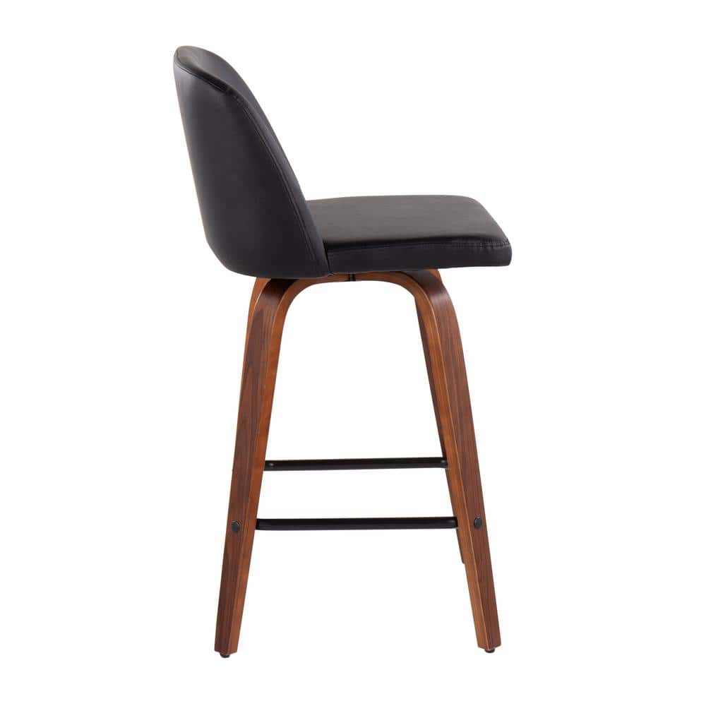 Set of 2 Black Faux Leather and Walnut Wood Swivel Barstools