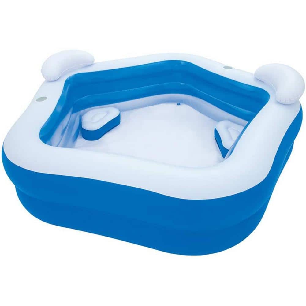 Blue and White Rectangular Inflatable Pool with Headrest and Cup Holder