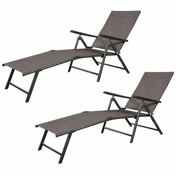 Unbranded 2-Pieces Metal Outdoor Chaise Lounge Chair with 5 Reclining Positions, Tan