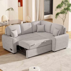 87.4 in. Square Arm Chenille L -Shaped Sofa with USB Charging Port and Plug Outlet in Grey