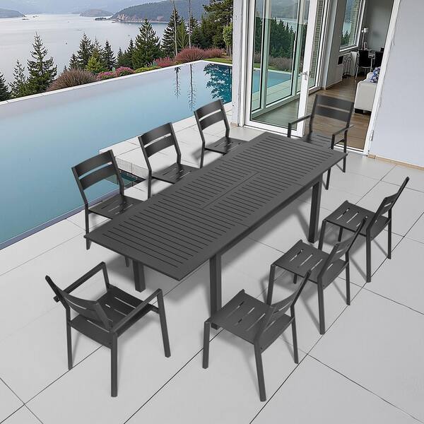 Pellebant 9 Pieces Aluminum Outdoor Patio Dining Set with Expandable Rectangle Table and 8-Stackable Chairs in Black
