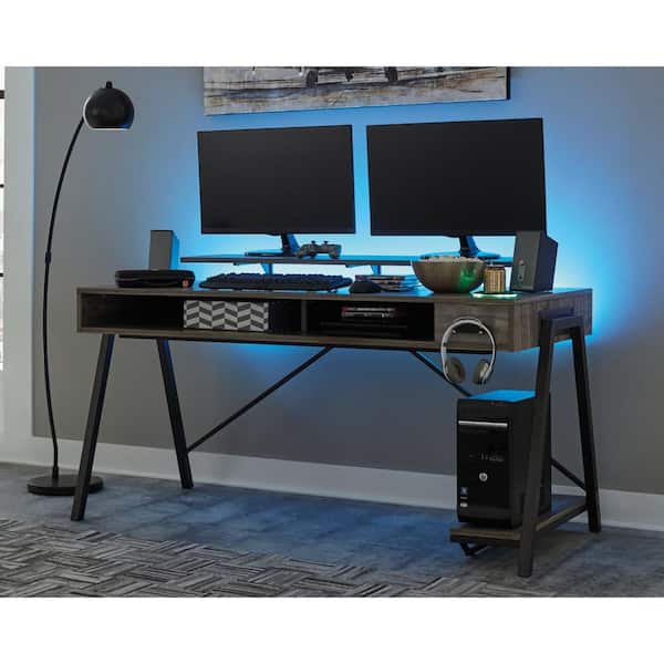 Signature DESIGN BY ASHLEY Barolli 60 in. Rectangular Gunmetal Wood Desk with Can Cooler and LED Light