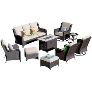 Joyoung Brown 9-Piece Wicker Patio Rectangle Fire Pit Conversation Set with Beige Cushions and Swivel Chairs