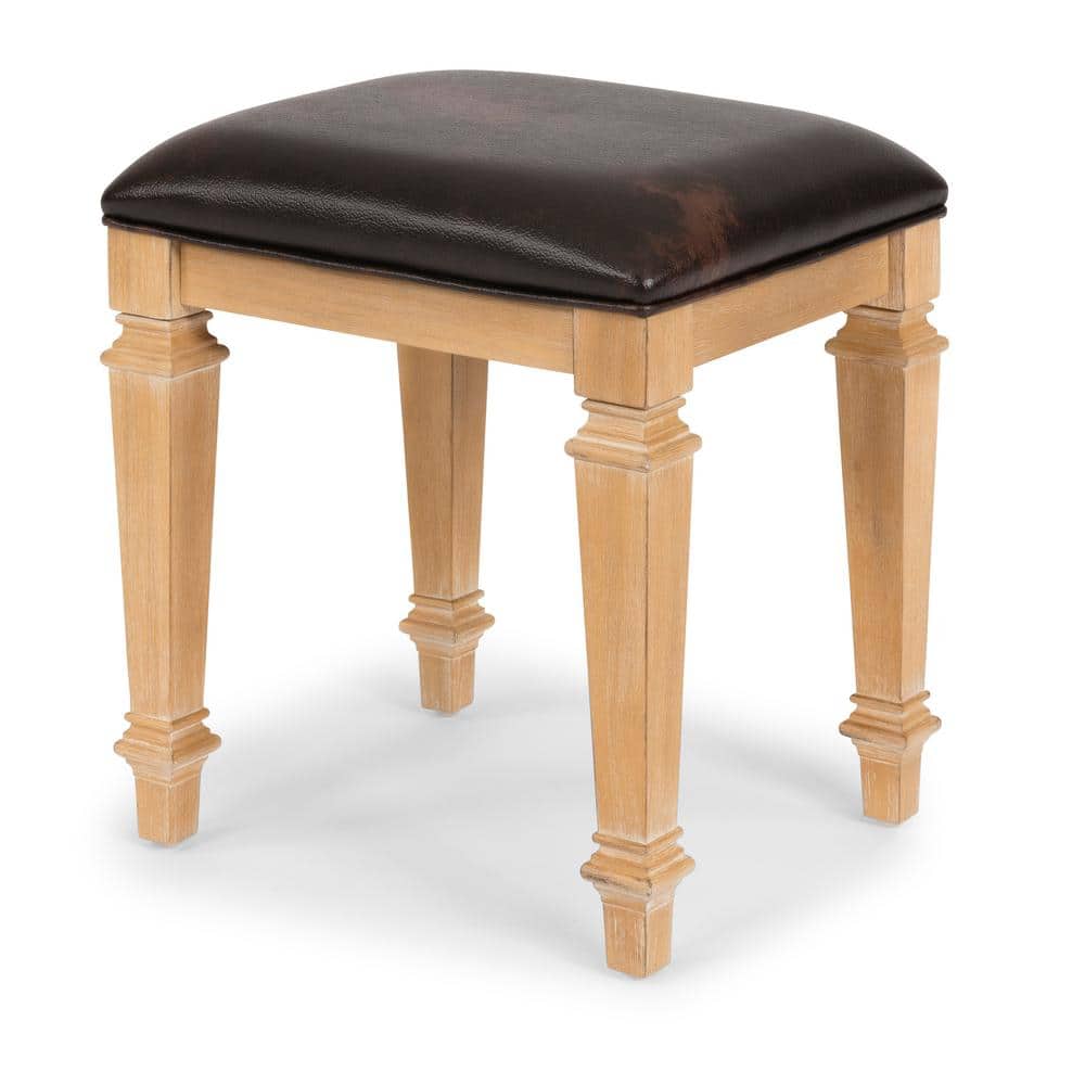 Manor House White Oak Vanity Bench with Brown Leather Upholstery