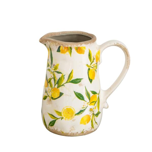 7.5 in. Yellow Lemon Print Ceramic Pitcher Rustic Jug Vase