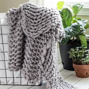 Chunky Knitted Grey Acrylic Throw Blanket