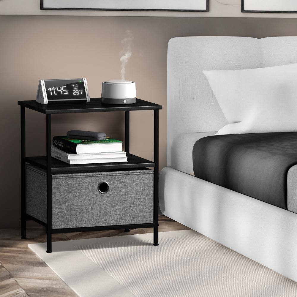 Black Steel Frame Nightstand with Wood Top and Fabric Drawer