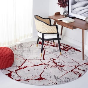 Amelia Gray/Red 7 ft. x 7 ft. Round Abstract Distressed Area Rug