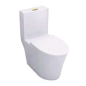 1.1/1.6 GPF Dual Flush Elongated 1-Piece Toilet in Glossy White with Golden Button Soft Closing Seat