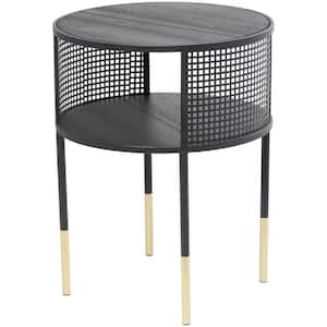 17 in. Black Large Round Metal End Table with Gold Legs Open Grid Frame Geometric 1 Shelf