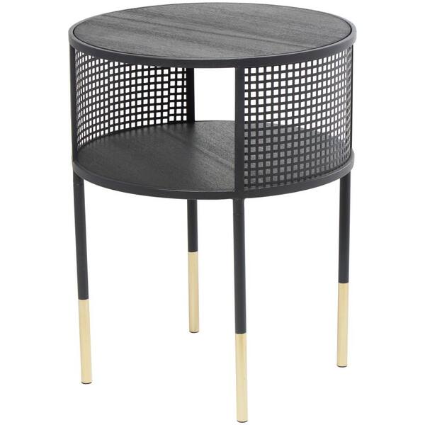 Litton Lane 17 in. Black Large Round Metal End Table with Gold Legs Open Grid Frame Geometric 1