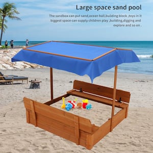 Kids Outdoor Wooden Sandboxes with Canopy Retractable Covers Foldable Bench Seat