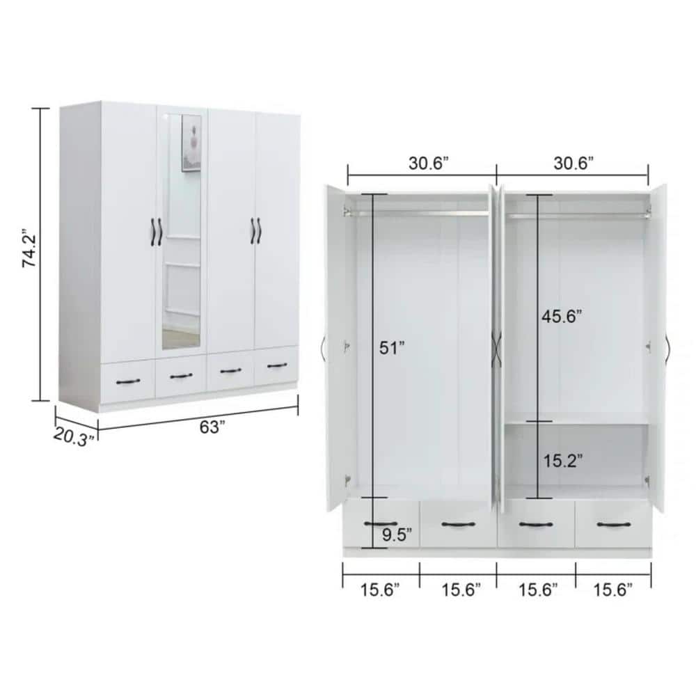White Wood Armoire with Mirror, 4 Drawers, and Shelves