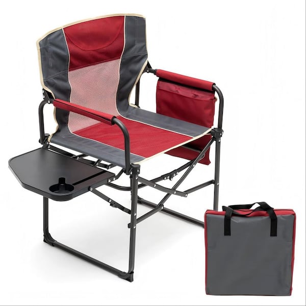 Outdoor Foldable Camping Chair, Heavy Duty Oversized Portable Folding Chair with Side Table and Pocket, Red
