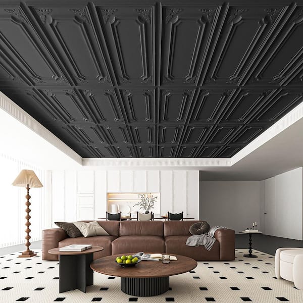 Black 2 ft. x 4 ft. Textured PVC Drop In Ceiling Tile, Decorative Glue Up Ceiling for Basement Kitchen (96sq. ft. /case)