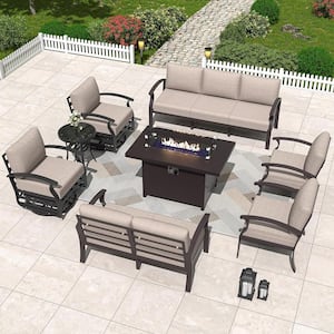 9-Seat Aluminum Patio Conversation Set with armrest, Firepit Table, Swivel Rocking Chairs and Sand Cushions