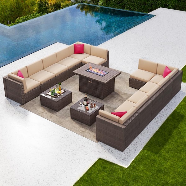 Sizzim 15-Piece Wicker Patio Conversation Set with Brown Cushions/Steel Fire Pit