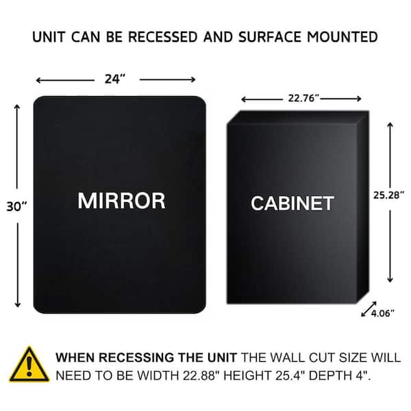 TEHOME 24-in x 30-in Recessed Mount Matte Black Mirrored Medicine Cabinet