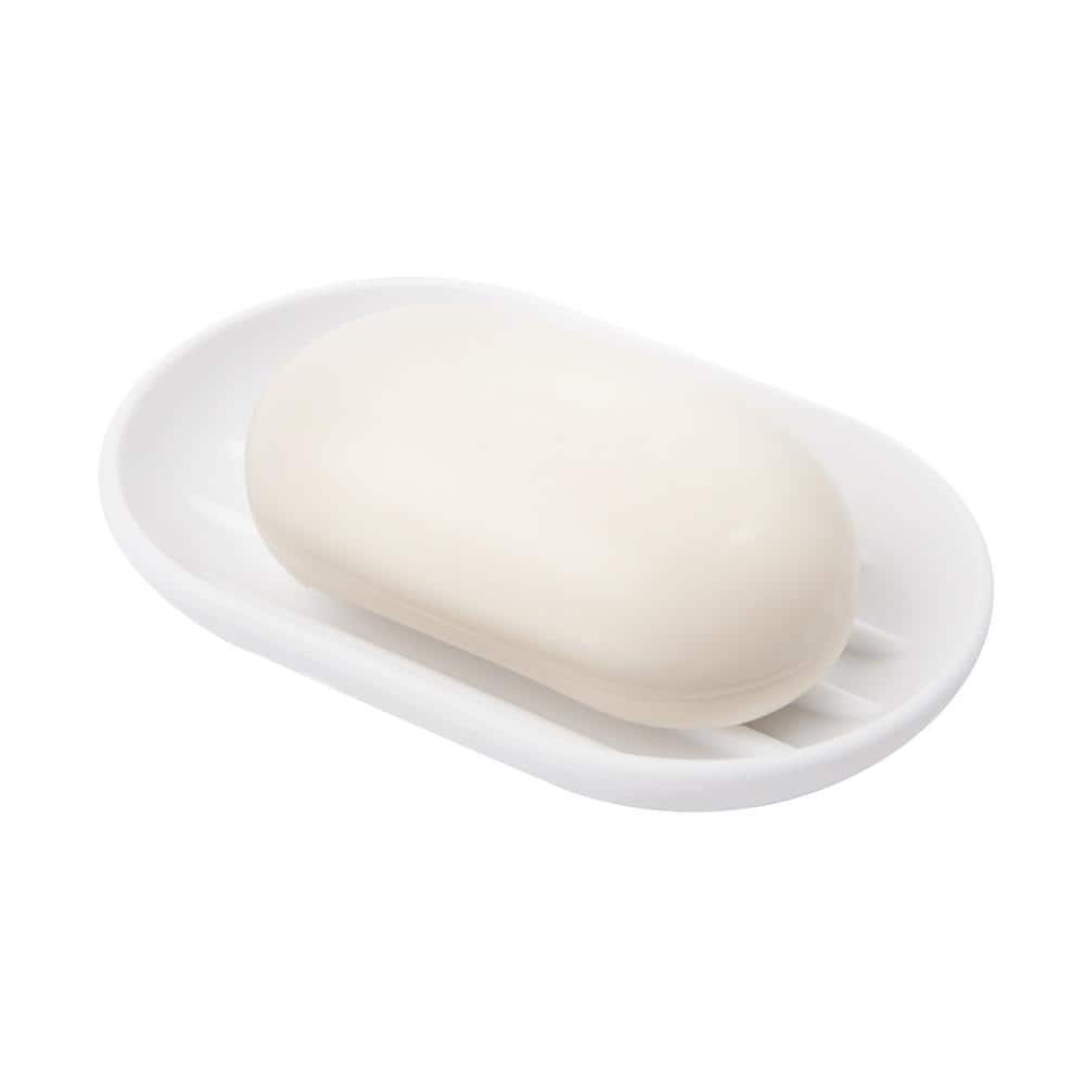 White Soft-Touch Plastic Soap Dish with Raised Ridges