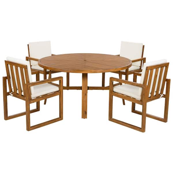 5-Piece Acacia Wood Outdoor Dining Set with Beige Cushions and Table
