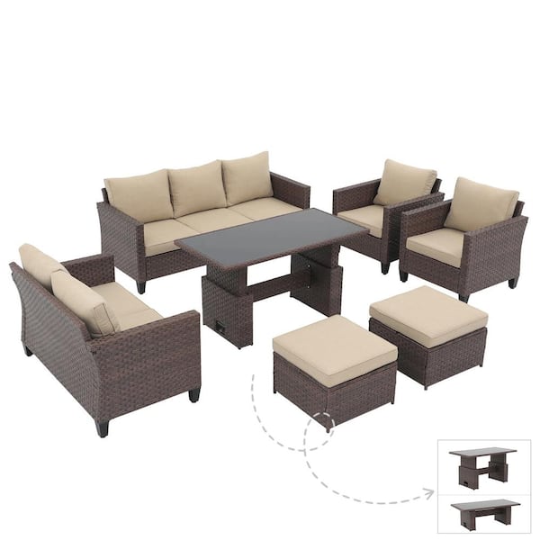7-Piece Wicker Brown Outdoor Conversation Set with Lift Coffee Table and Ottomans, Beige Cushions