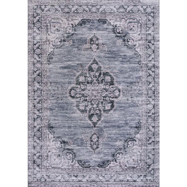 Wincer Chenille Cottage Medallion Machine-Washable Navy/Gray/Black 4 ft. x 6 ft. Area Rug