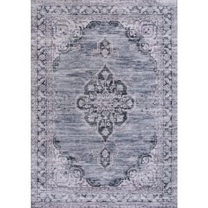 Wincer Chenille Cottage Medallion Machine-Washable Navy/Gray/Black 5 ft. x 8 ft. Area Rug